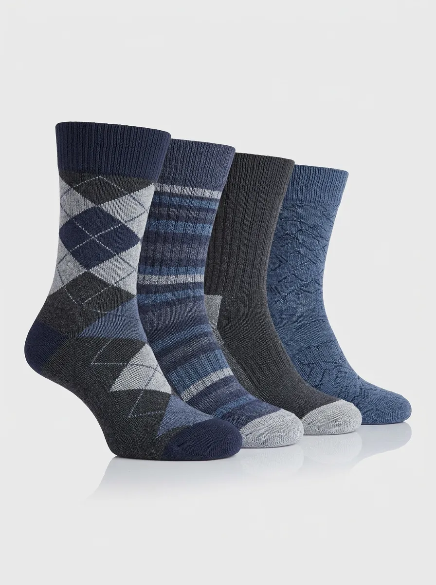 Argyle Striped Geometric Textured Men's Crew Socks Four-Pair Pack