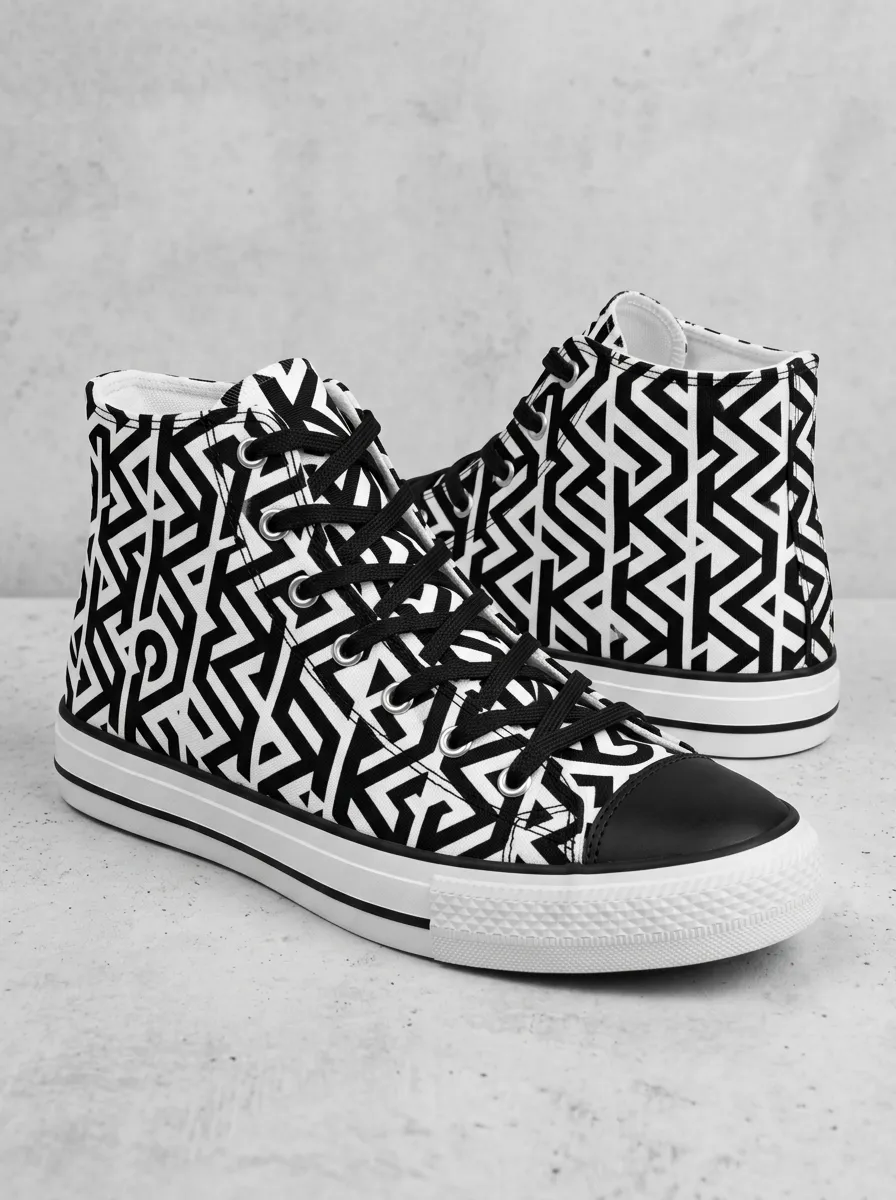 Men's Geometric Pattern Black and White Printed Canvas Shoes