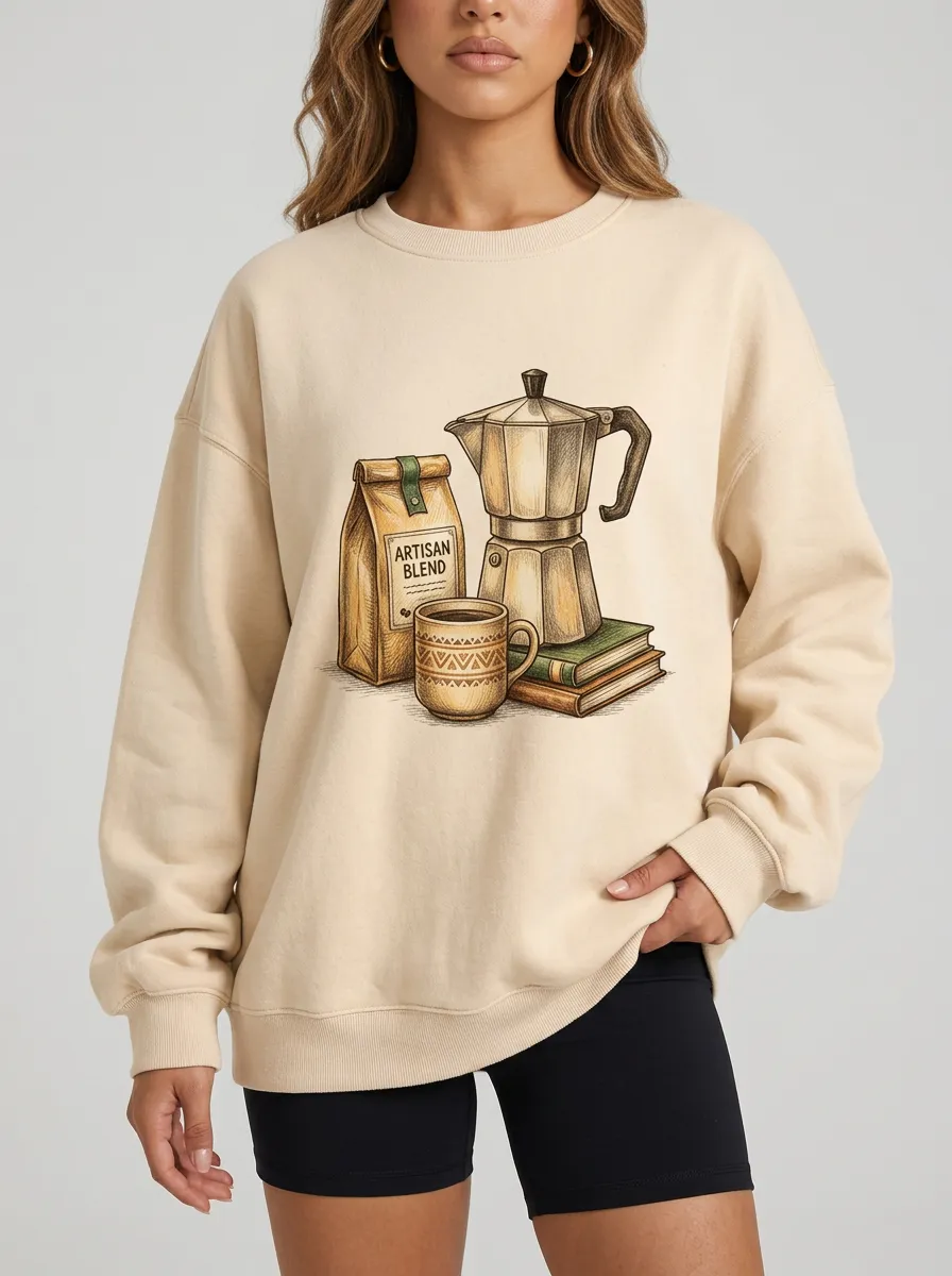 Women's Coffee Lover Artisan Blend Moka Pot Books Printed Sweatshirt