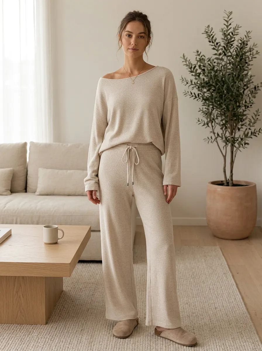 Women's Beige Ribbed Knit Off-Shoulder Loungewear Set