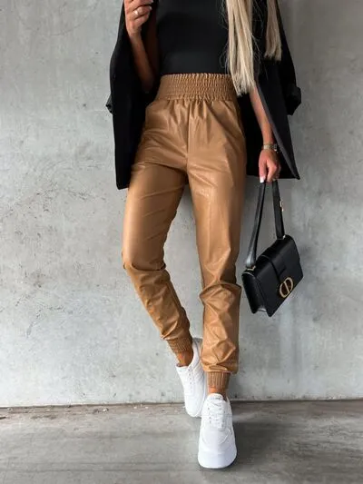 Smocked High Waist Pants With Pocket