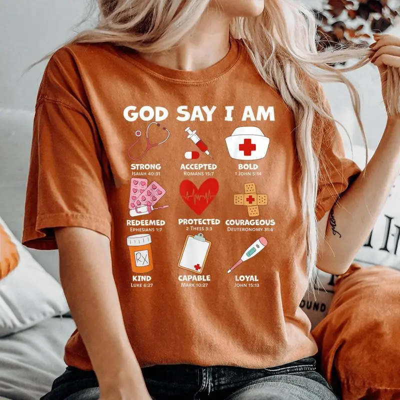 God Says I Am Nurse Strong Protected Religious Nurse Nursing Women's Oversized Comfort T-Shirt