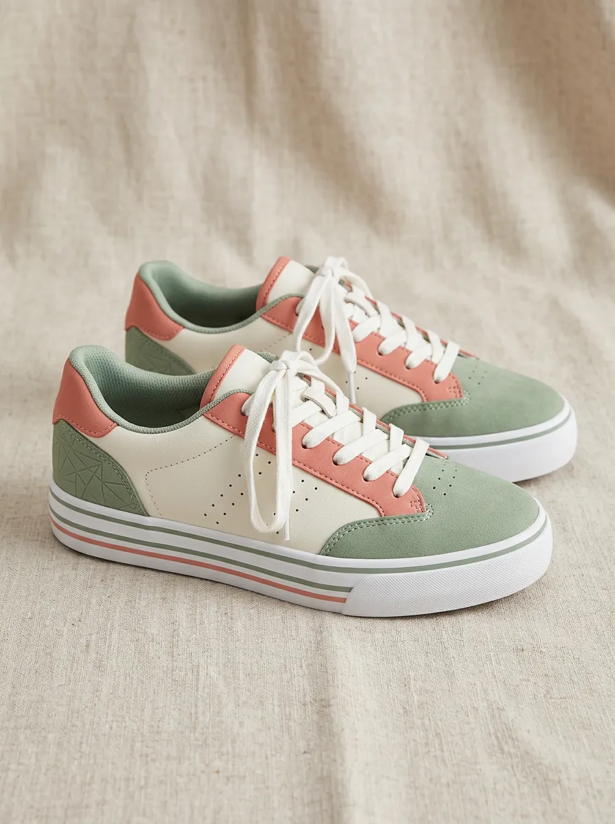 Women's Sage Green and Pink Colorblock Geometric Printed Sneakers