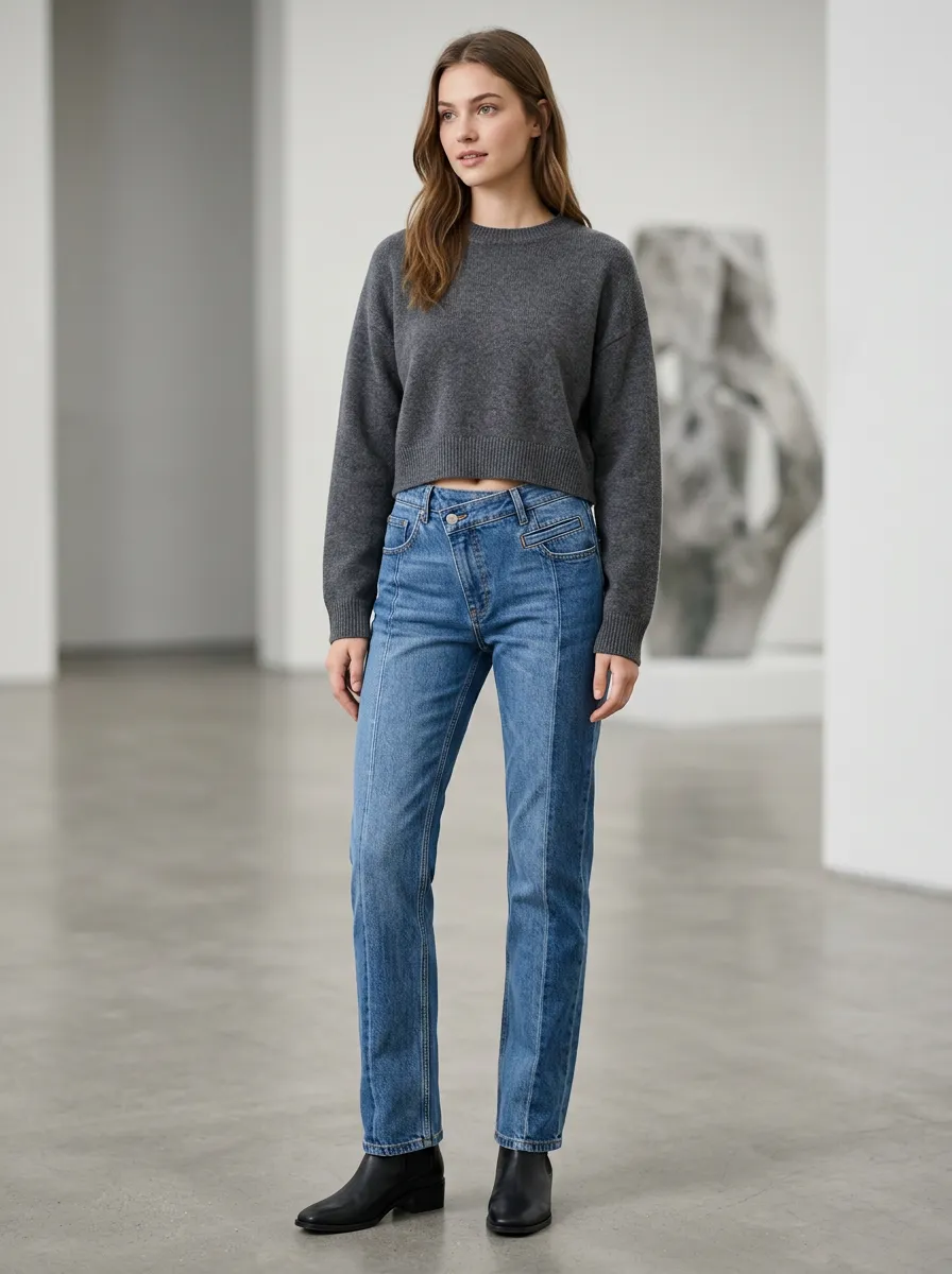 Women's Casual Fashion Asymmetric Waist Blue Denim Jeans