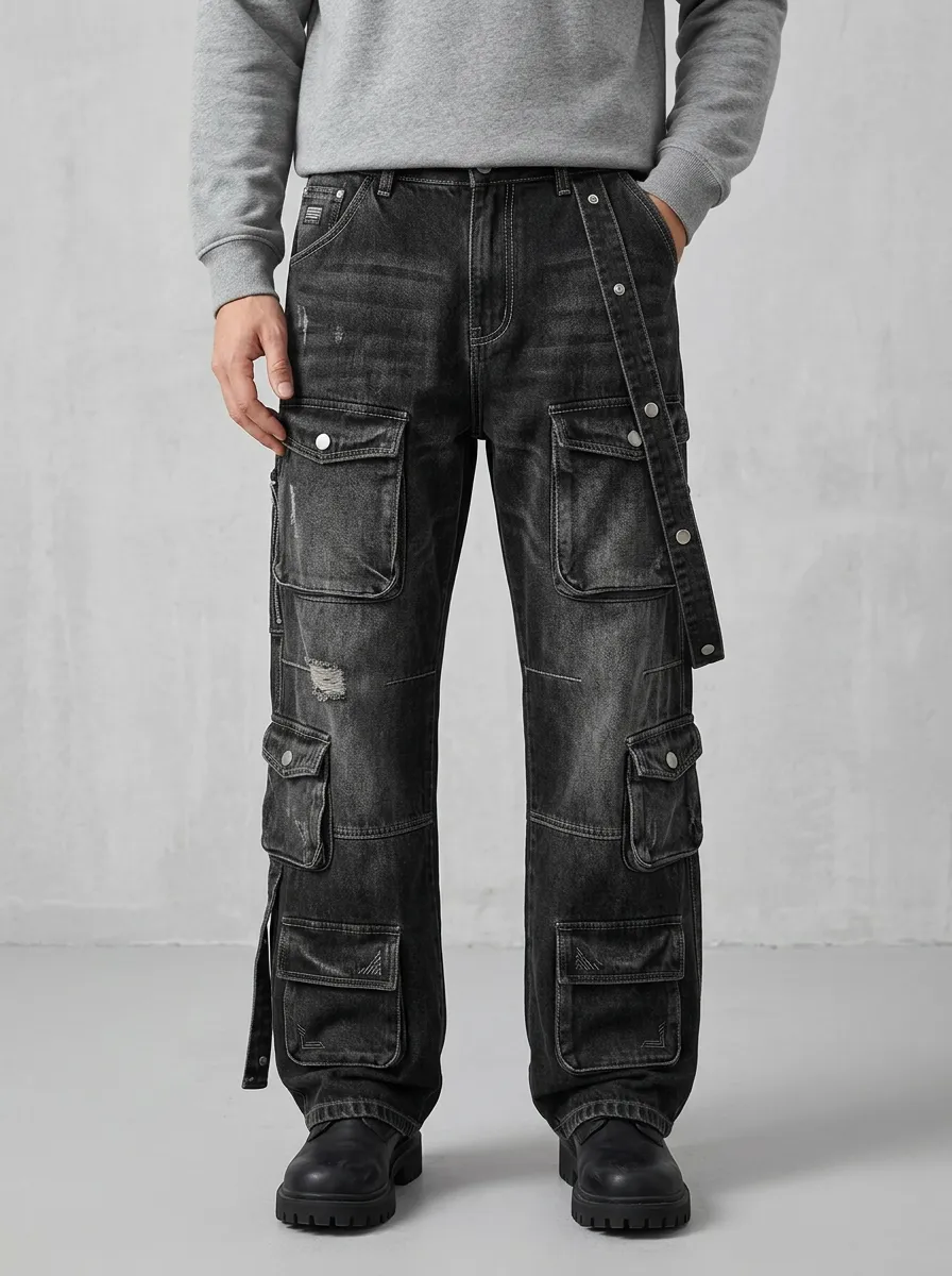 Men's Streetwear Distressed Black Multi-Pocket Cargo Pants