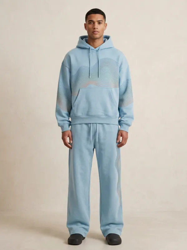 Men's Abstract Wave Pattern Printed Hooded Tracksuit