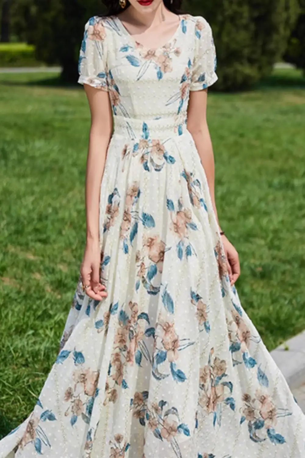 Relaxed Floral Chiffon V Neck Short Sleeve Maxi Dress