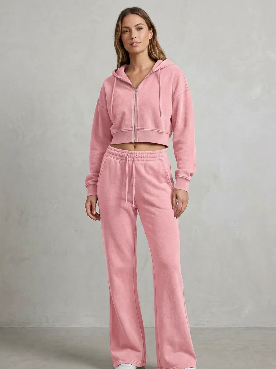 Women's Everyday Sport Inspired Cropped Hooded Jacket and Flare Pants Active Set