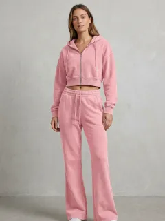 Women's Everyday Sport Inspired Cropped Hooded Jacket and Flare Pants Active Set