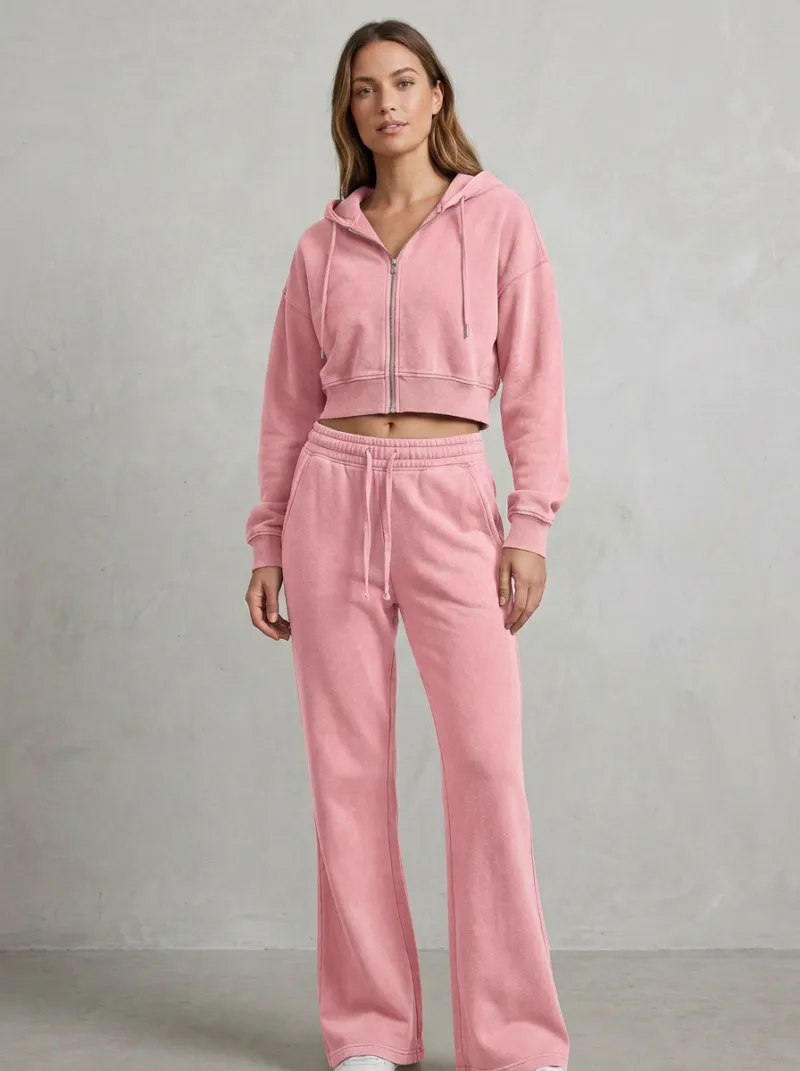Women's Everyday Sport Inspired Cropped Hooded Jacket and Flare Pants Active Set