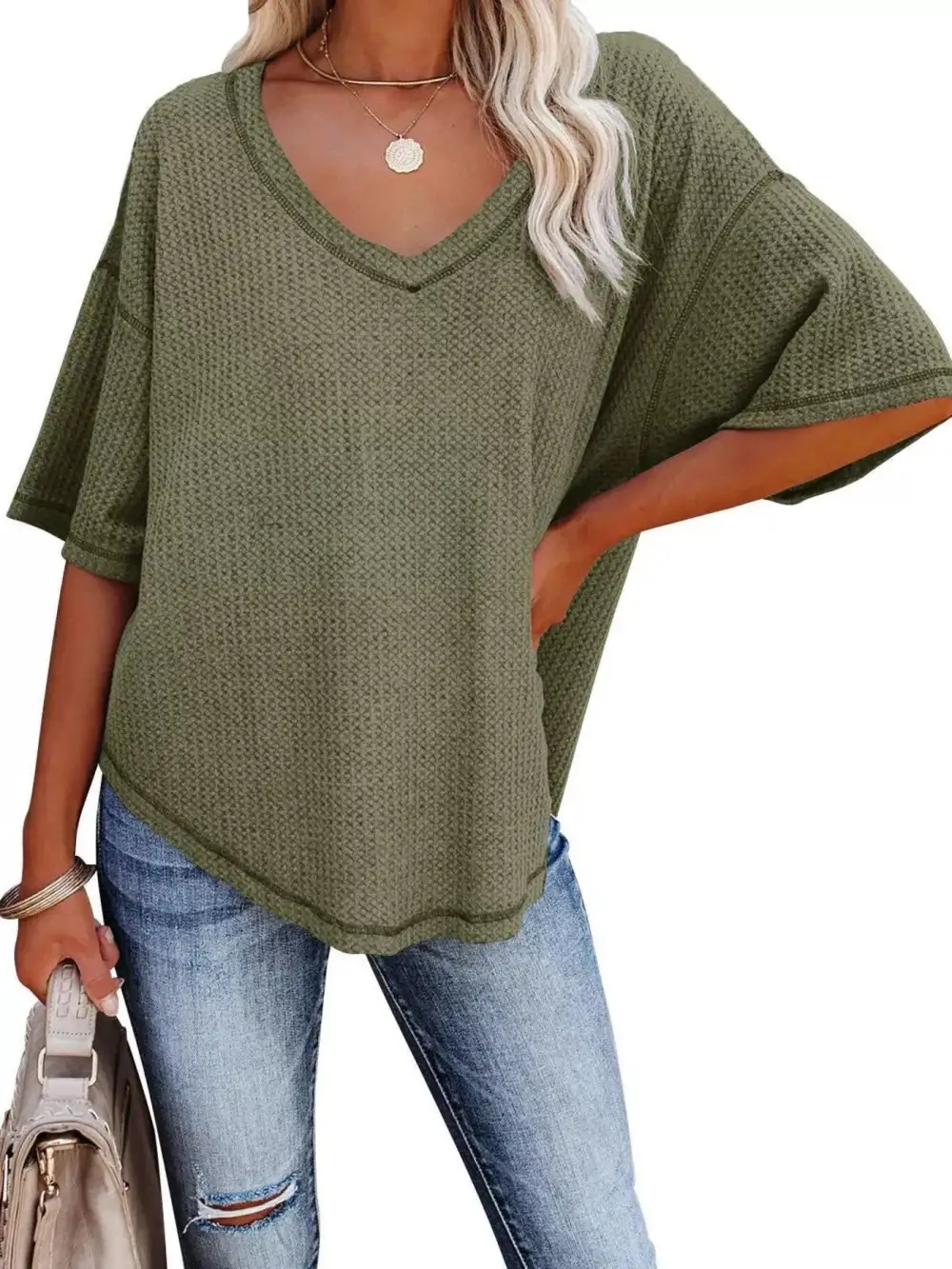 Relaxed V-Neck Short-Sleeve Knit T-Shirt