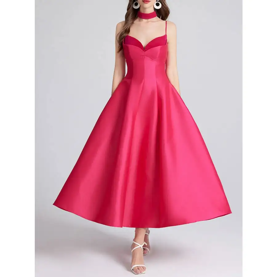 Sweetheart Spaghetti Strap Midi Dress with Collar