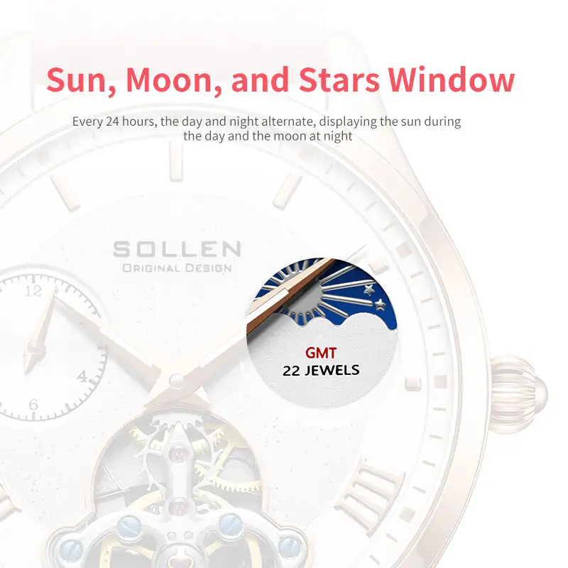 Sollen SL462 Multi-Function Automatic Watch - Women's Genuine Leather Open-Heart Flywheel Wristwatch