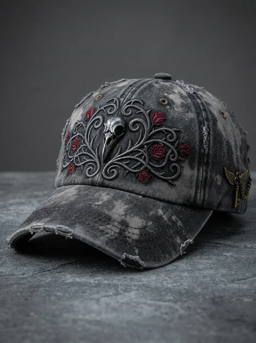 Arcane Skull Rose Raven Victorian Look Unisex Gothic Baseball Cap