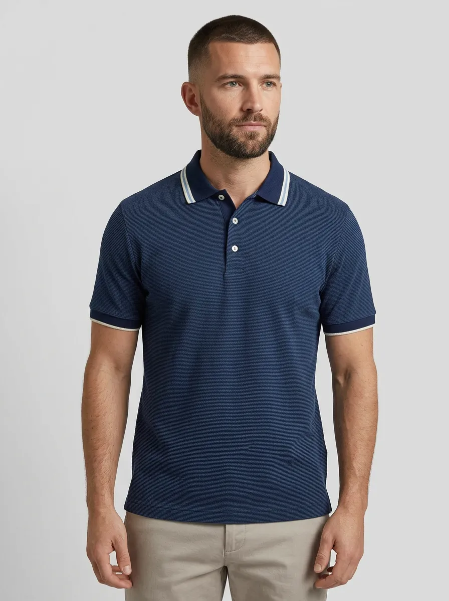 Men's Casual Business Striped Texture Contrast Collar Polo Shirt