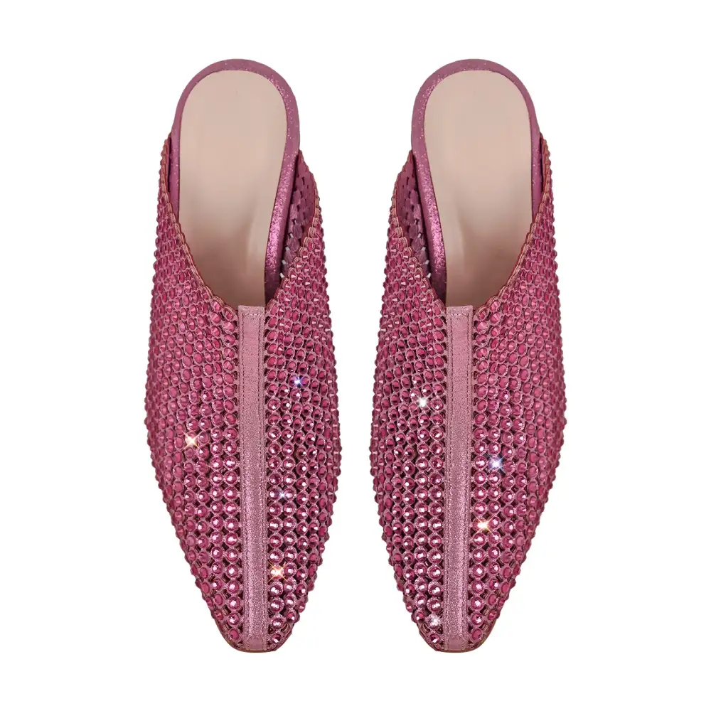 Rhinestone Pointed Toe Chunky Heel Heeled Mules