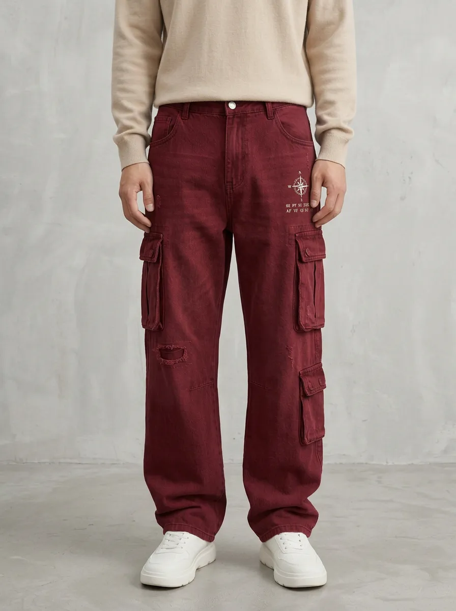 Men's Light Wash Distressed Cargo Cargo Pants