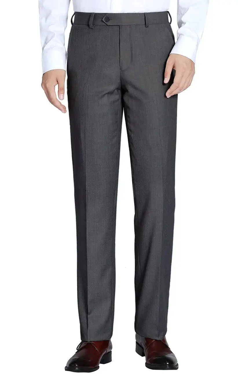Charcoal Regular Fit Solid Flat Front Pre Hemmed Dress Pants