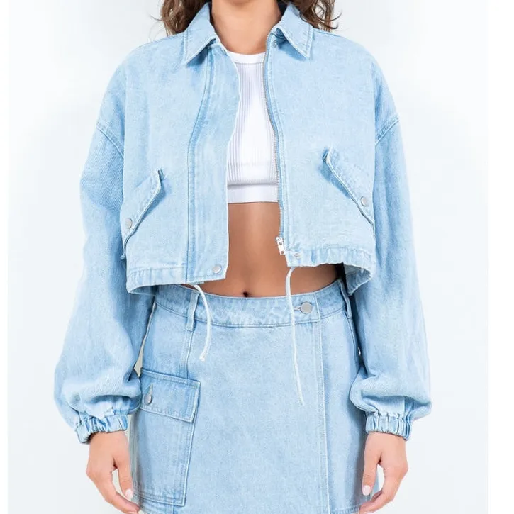 Drawstring Waist Crop Denim Jacket