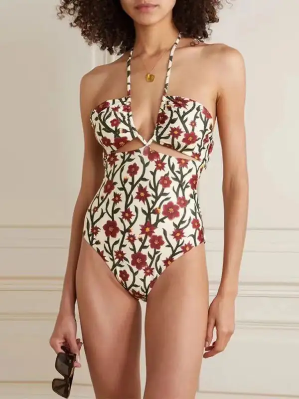 Hollow Lace Halterneck Skirted Gauze Swim Dress