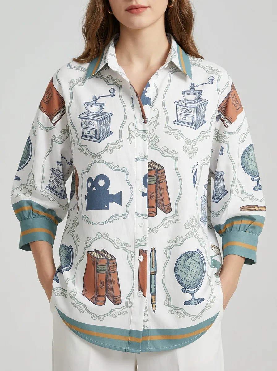 Women's Vintage Librarian Book Coffee Globe Printed Shirt