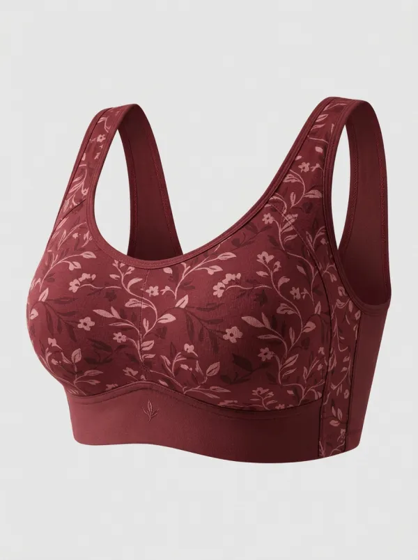 Women's Plus Size Sage Green Botanical Floral Scoop-Neck Wide-Strap Wireless Sports Bra
