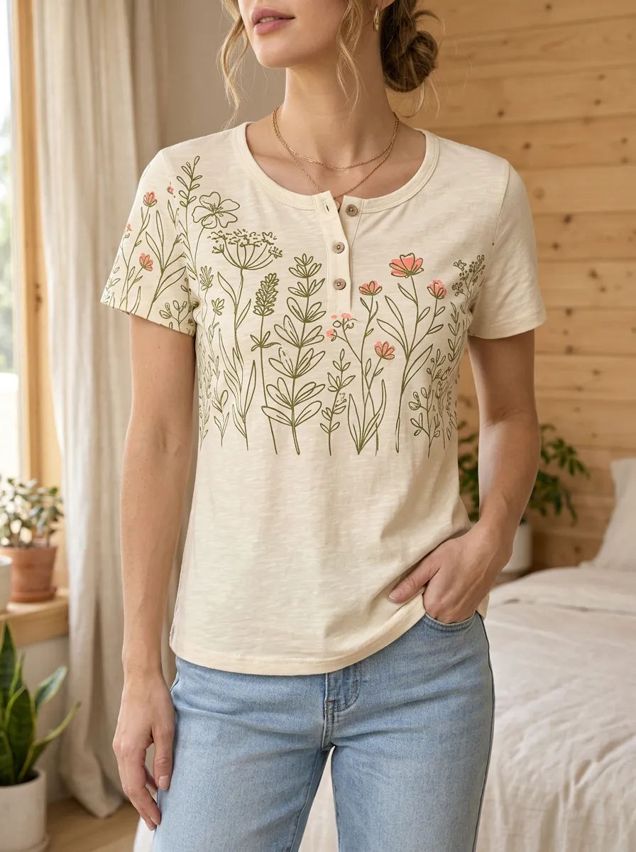 Women's Classic Botanical Nature Lover Wildflower Henley T-Shirt
