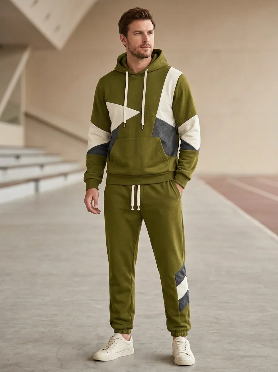 Men's Modern Geometric Colorblock Print Jogger Set