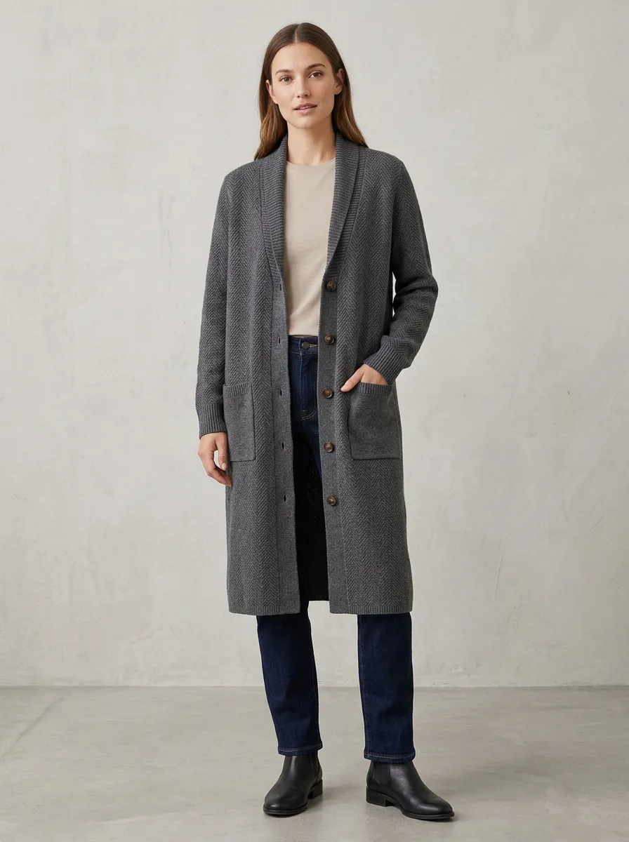 Women's Herringbone Long Knit Cardigan