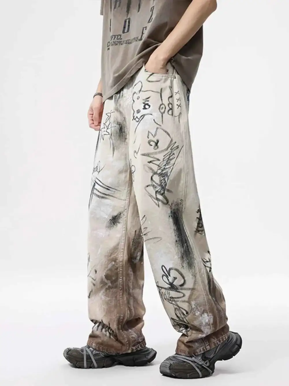 Graffiti Print Wide Leg Jeans