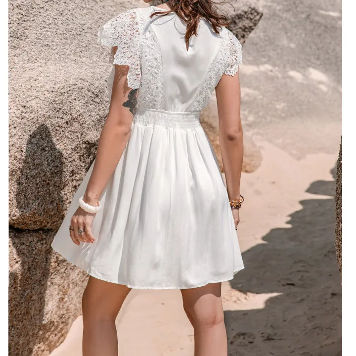 Lace Detail Plunge Cap Sleeve Mini Dress