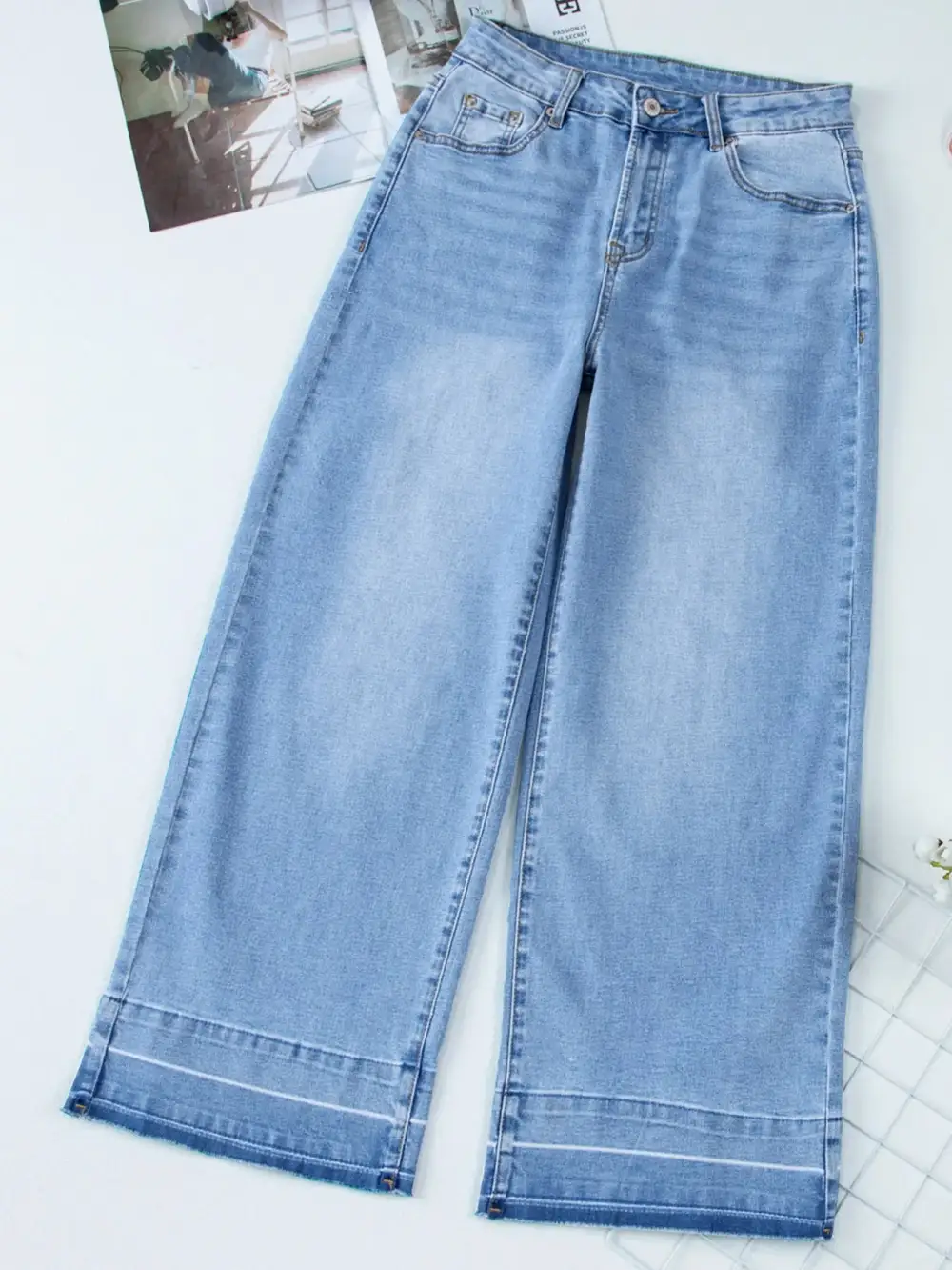 Versatile High Waist Wide Leg Washed Denim Jeans