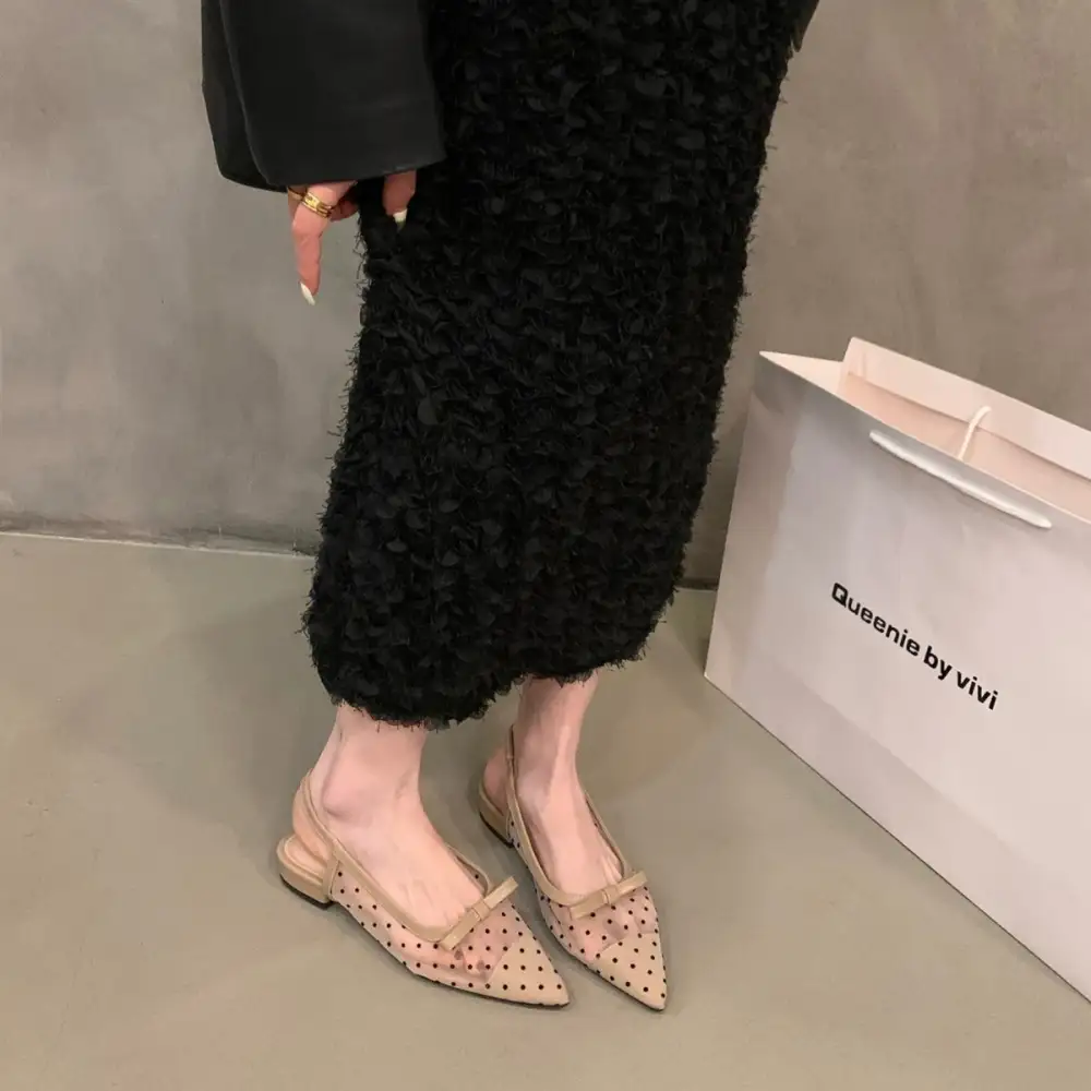 Bow Mesh Low Heel Sandals