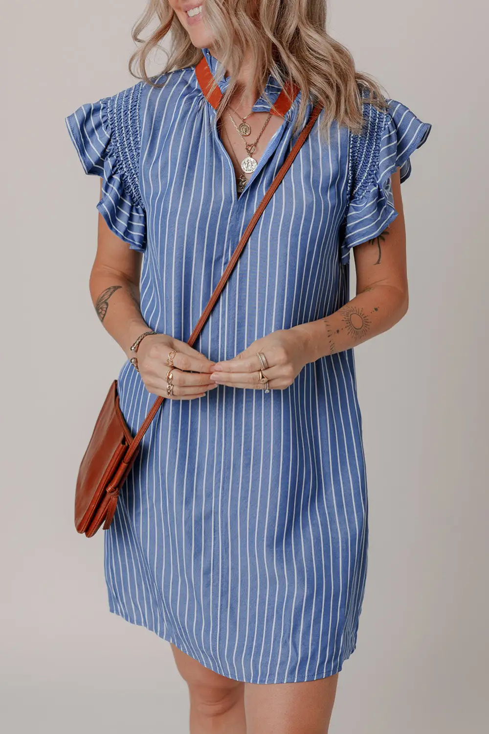 Laidback Striped Ruffle Trim Shirred Mini Dress