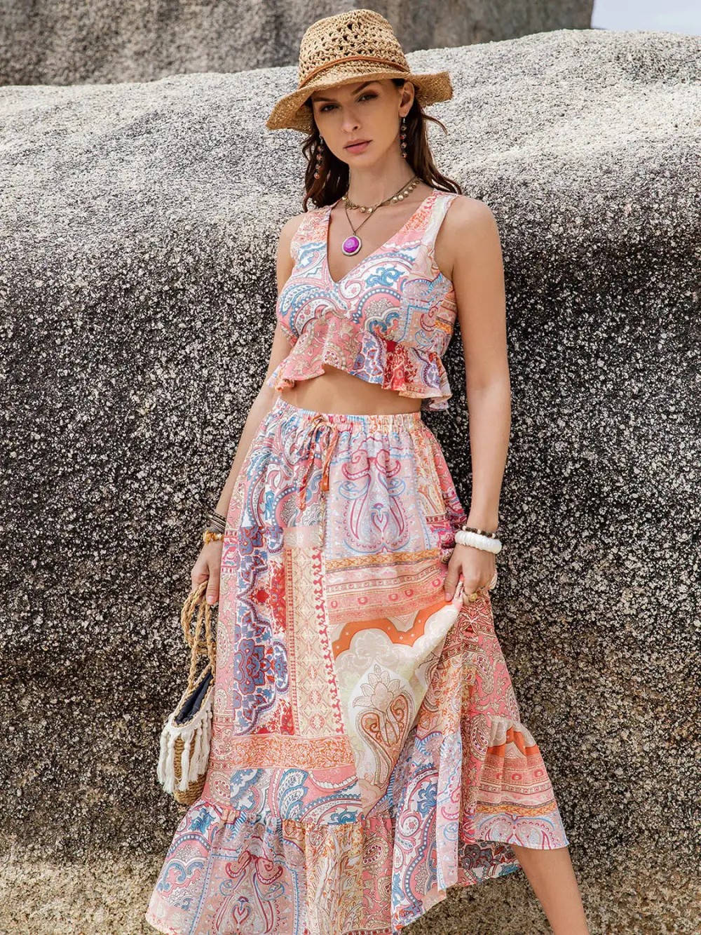 V Neck Ruffle Trim Coordinated Set