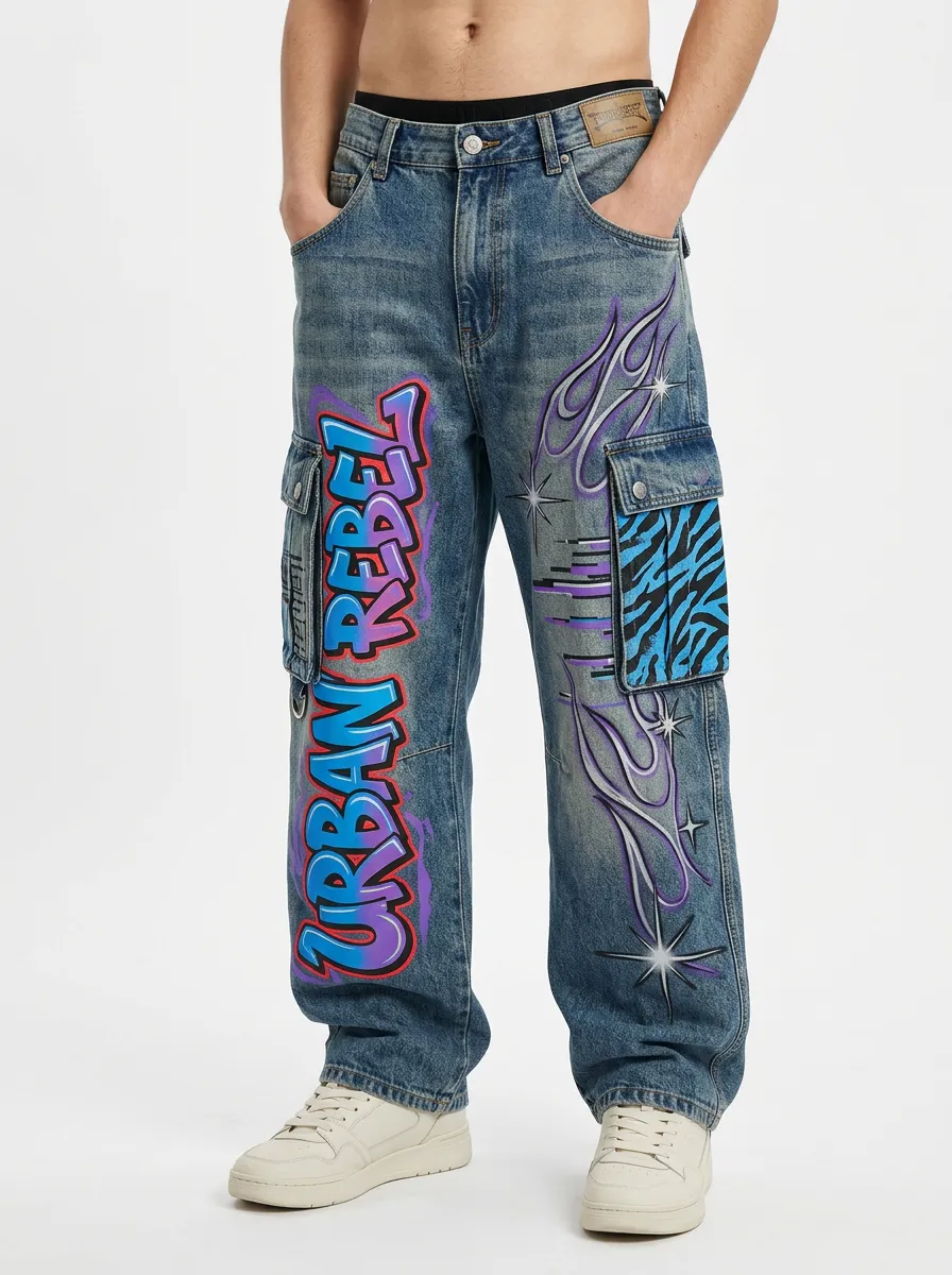 Men's Streetwear Urban Rebel Graffiti Flame Graphic Cargo Jeans