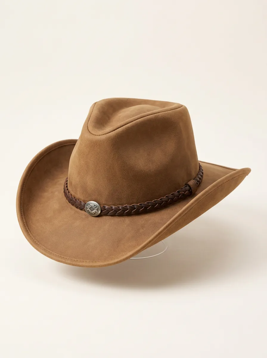 Brown Suede Cowboy Hat with Braided Trim