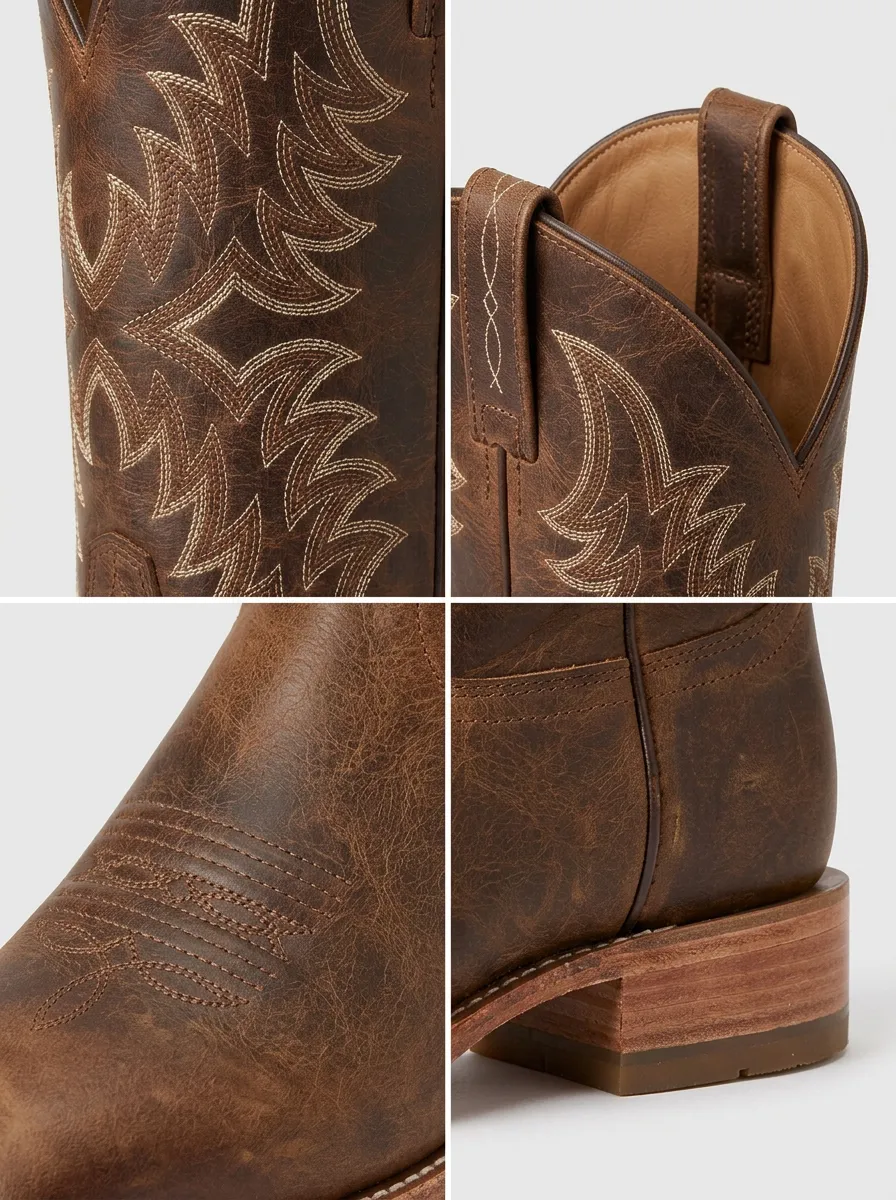 Men's Western Cowboy Brown Leather Embroidered Printed Boots