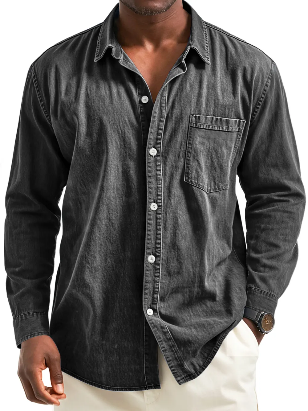 Layered Long Sleeve Camp Collar Pocket Shirt