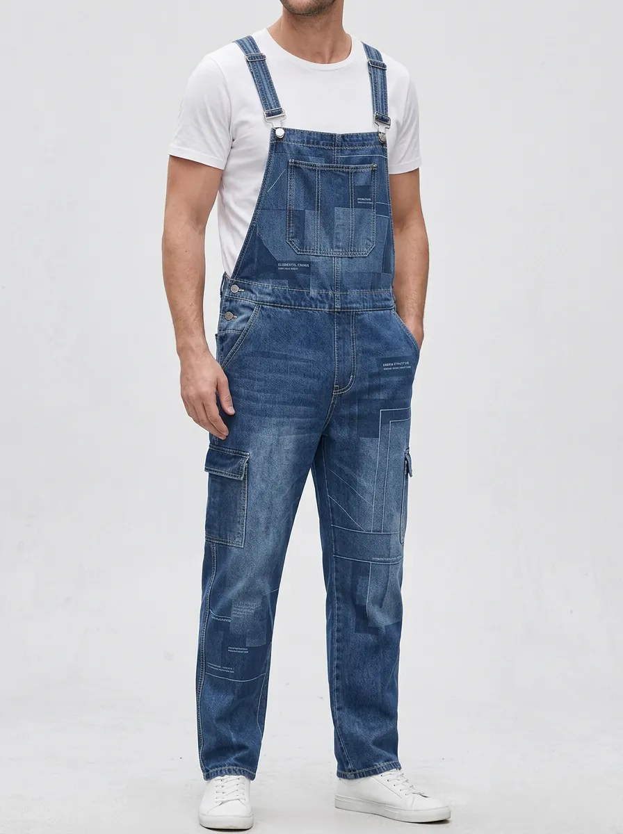 Graphic Print Denim Side Button Overalls