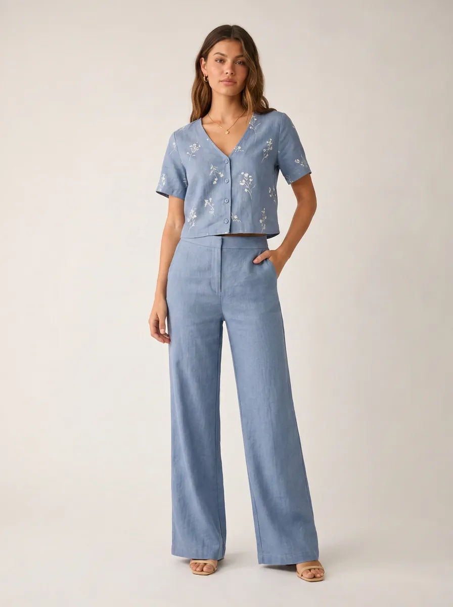 Floral Embroidered V Neck Set