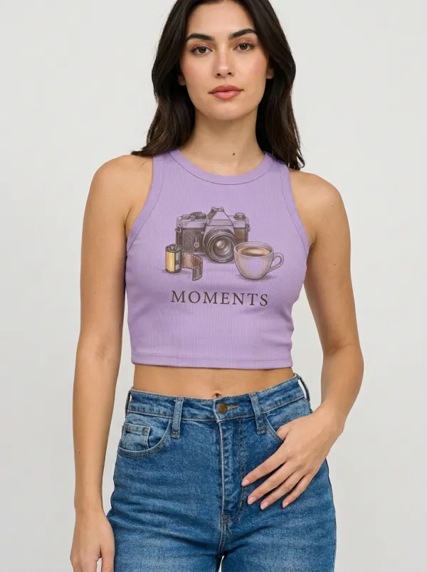 Women's Photography Lover Camera Coffee Moments Printed Crop Top