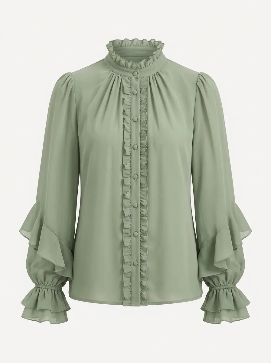 Women's Sage Green Ruffle Stand Collar Long Sleeve Button Up Blouse