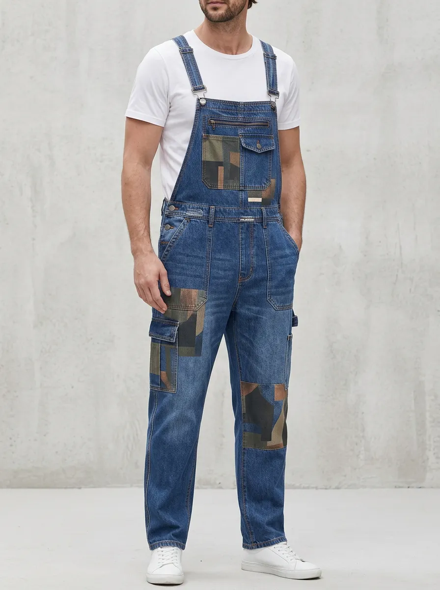 Patchwork Denim Geometric Panel Overalls