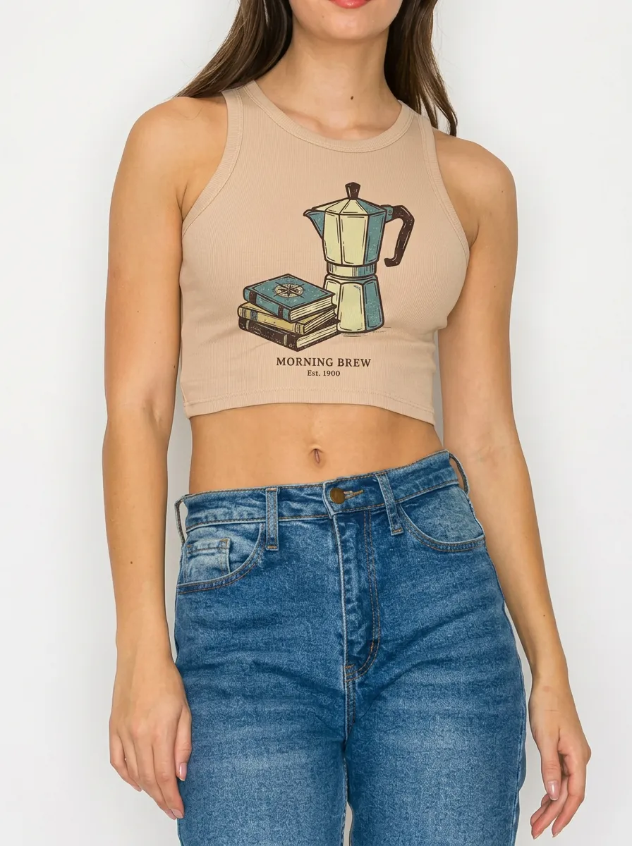 Women's Coffee Book Lover Morning Brew Printed Crop Top