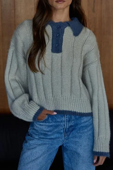 Women's Light Blue Polo Collar Knit Sweater
