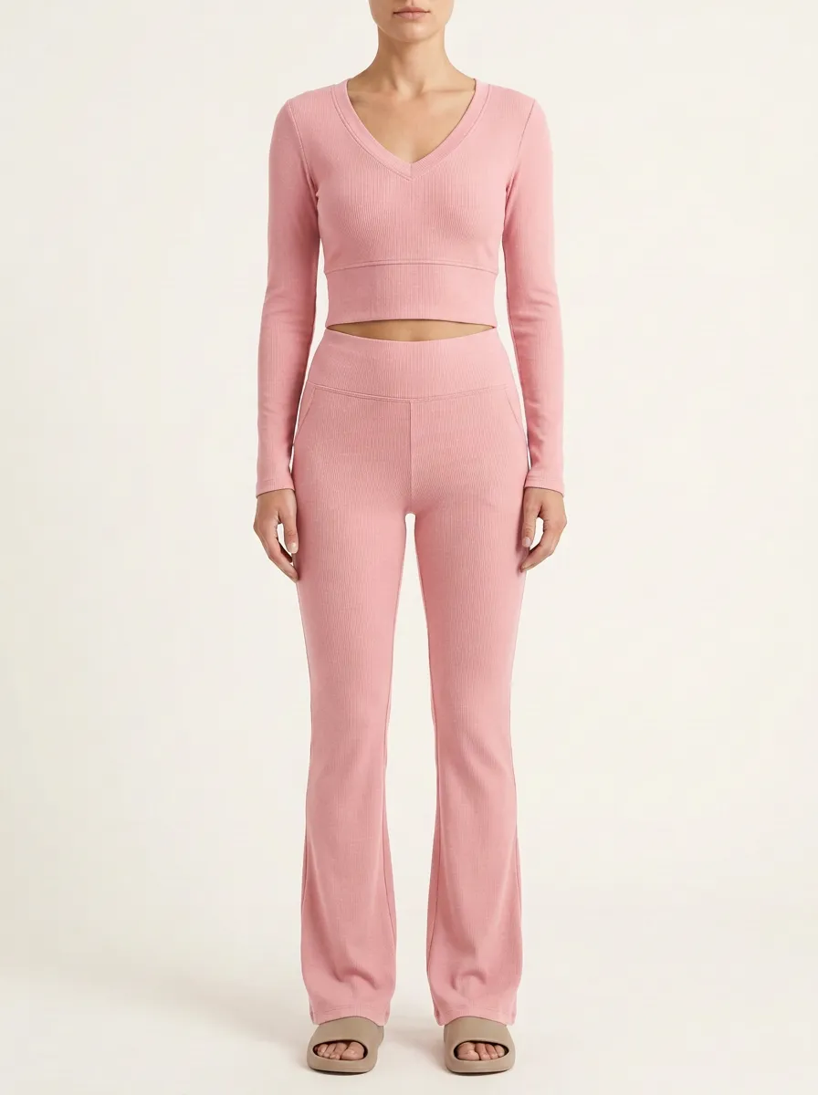 Women's Ribbed V-Neck Crop Top and Side-Pocket Flare Legging Set