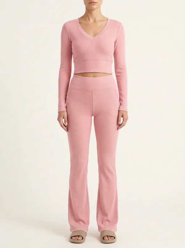 Women's Ribbed V-Neck Crop Top and Side-Pocket Flare Legging Set