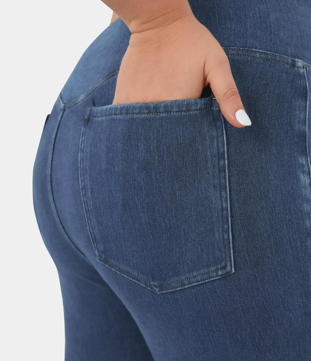 Magic High Waisted Crossover Pocket Cool Touch Breathable Washed Stretchy Knit Plus Size Casual Super Flare Jeans