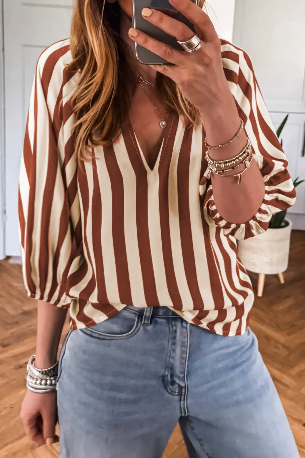 Women's Striped V Neck Half Sleeve Top